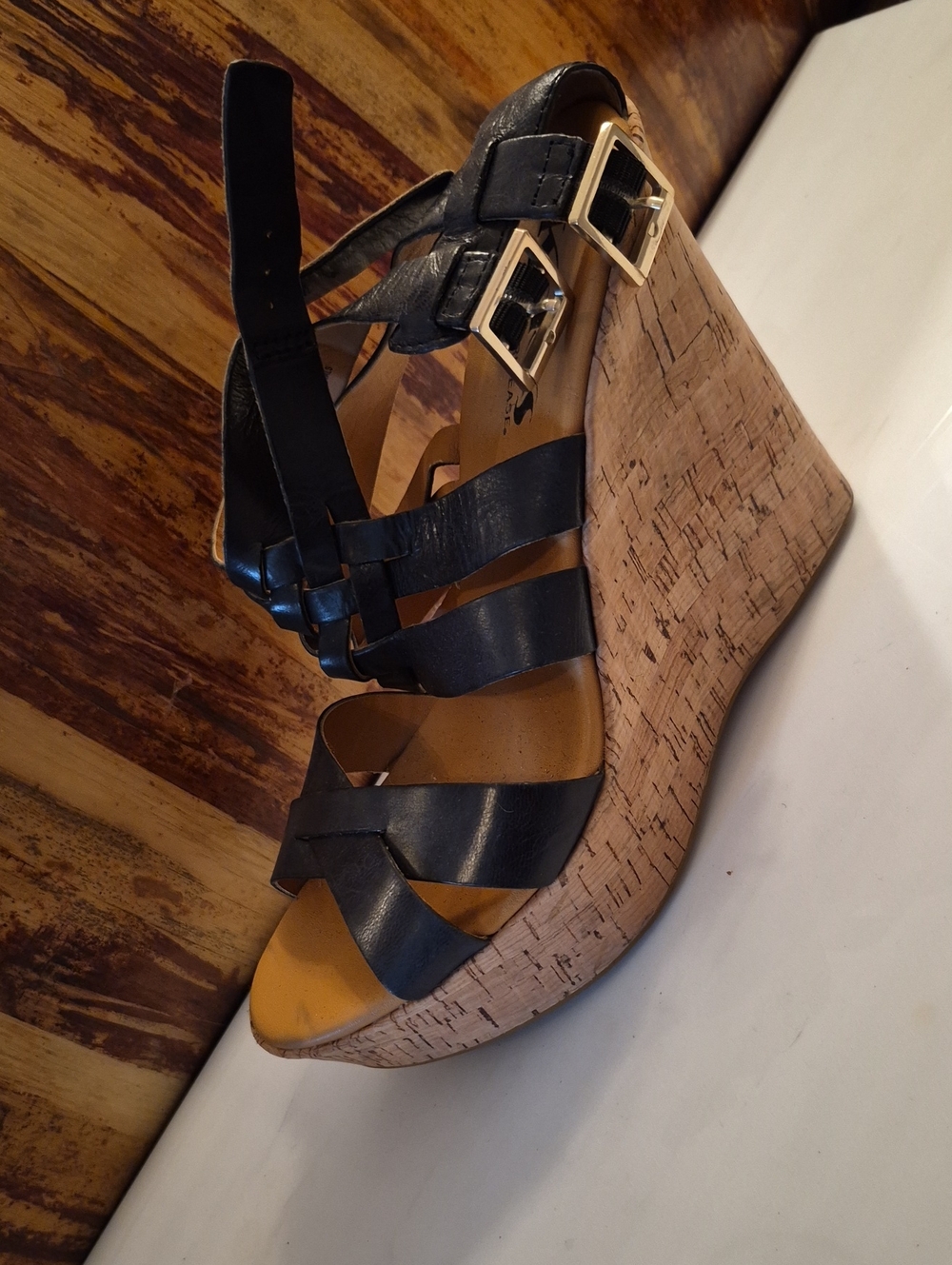Korks by Kork-Ease Women's Black Leather Wedge Sandals